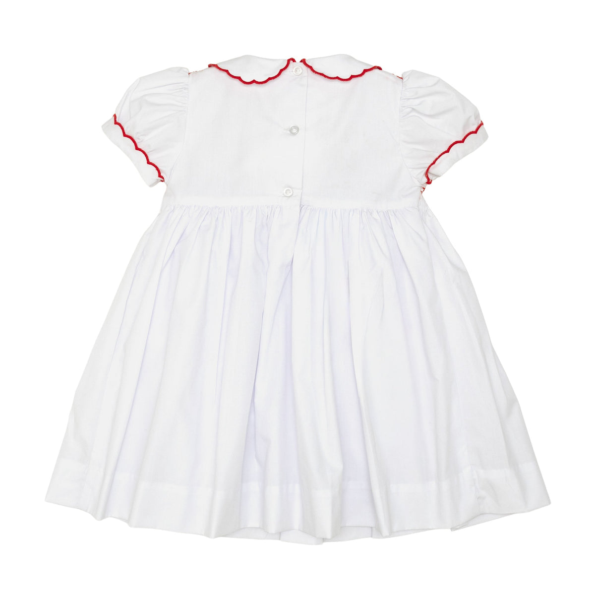 White short sleeve girls' holiday dress with red bow smocking across the chest, Peter Pan collar, and piped cuffs, classic Henry Duvall Eloise Dress for Christmas and winter family gatherings