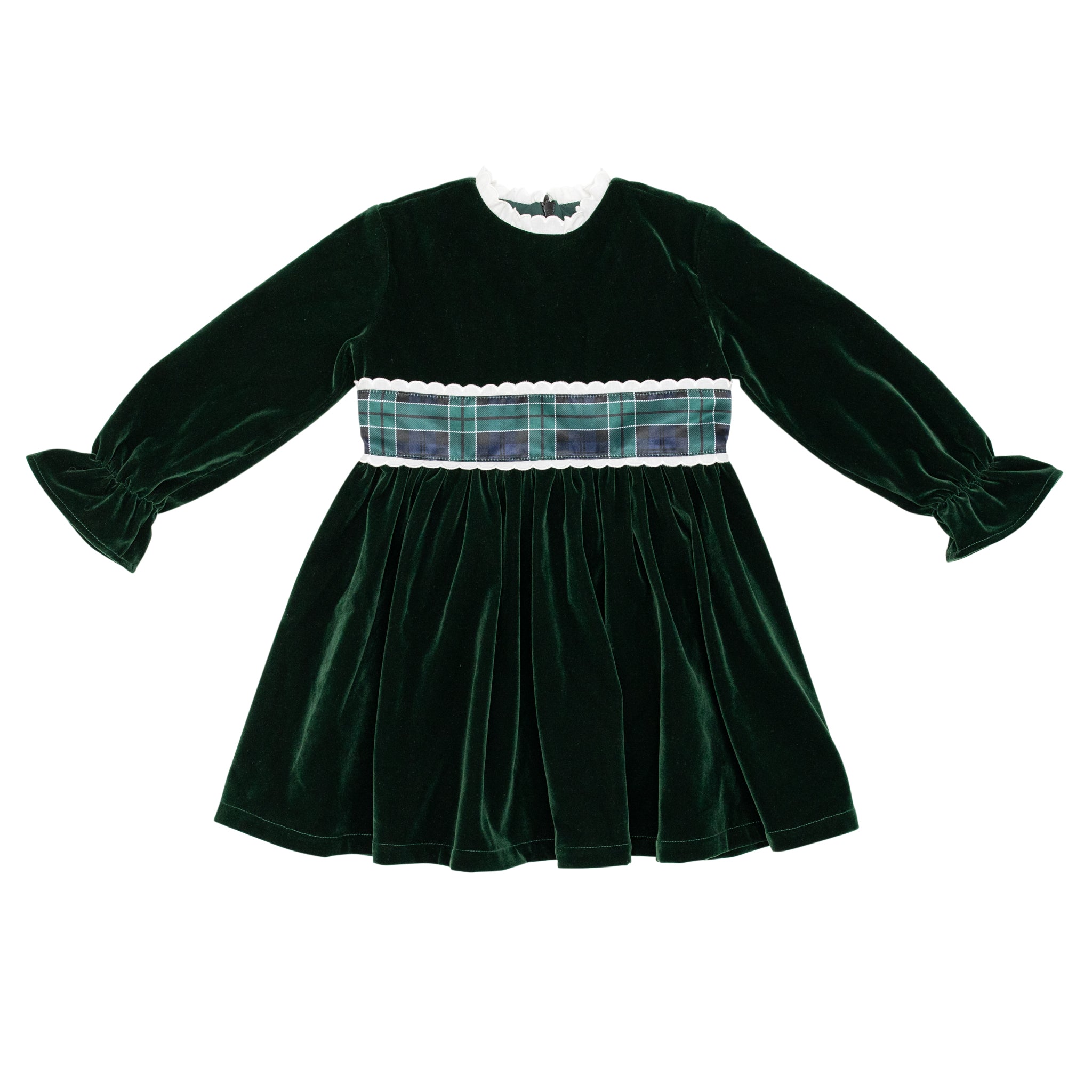 Henry Duvall Eliza Dress for girls in Grafton Green Velvet with white scalloped trim and a Newbury Tartan pre-tied sash, classic holiday dress for festive occasions