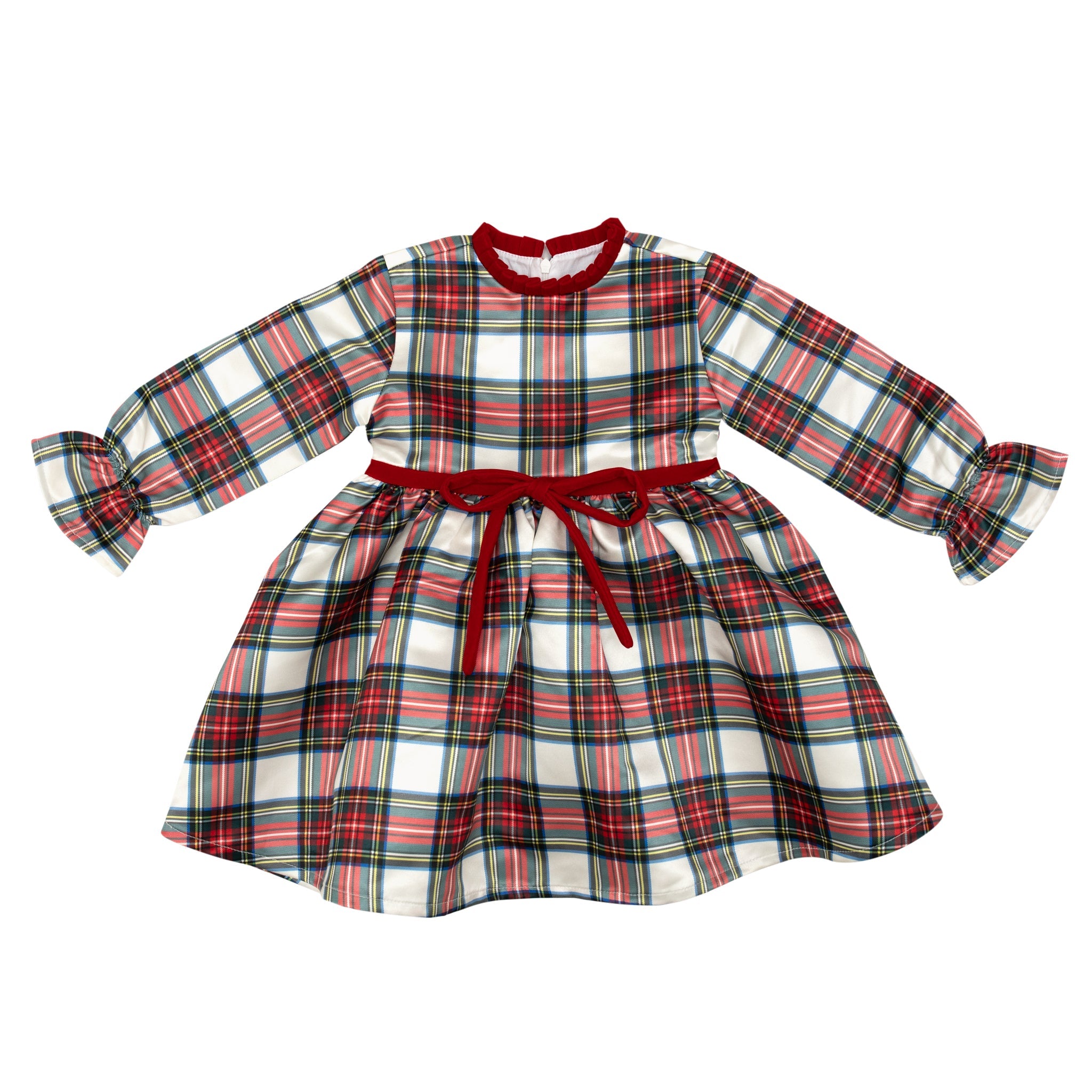 Girl's plaid holiday dress in Townsend Tartan with bow waist detail, vintage-inspired fit, perfect for family photos and festive gatherings – Henry Duvall classic