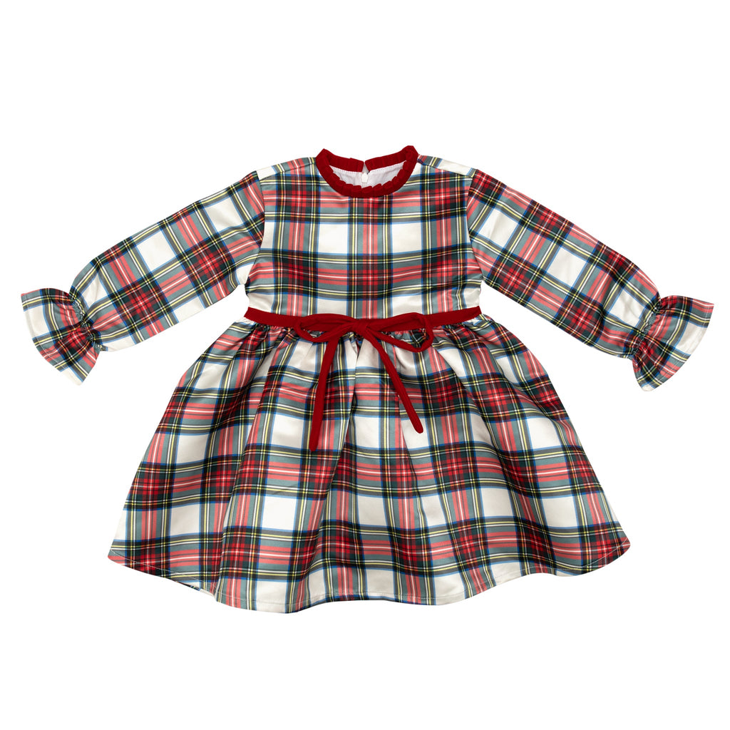 Girl's plaid holiday dress in Townsend Tartan with bow waist detail, vintage-inspired fit, perfect for family photos and festive gatherings – Henry Duvall classic
