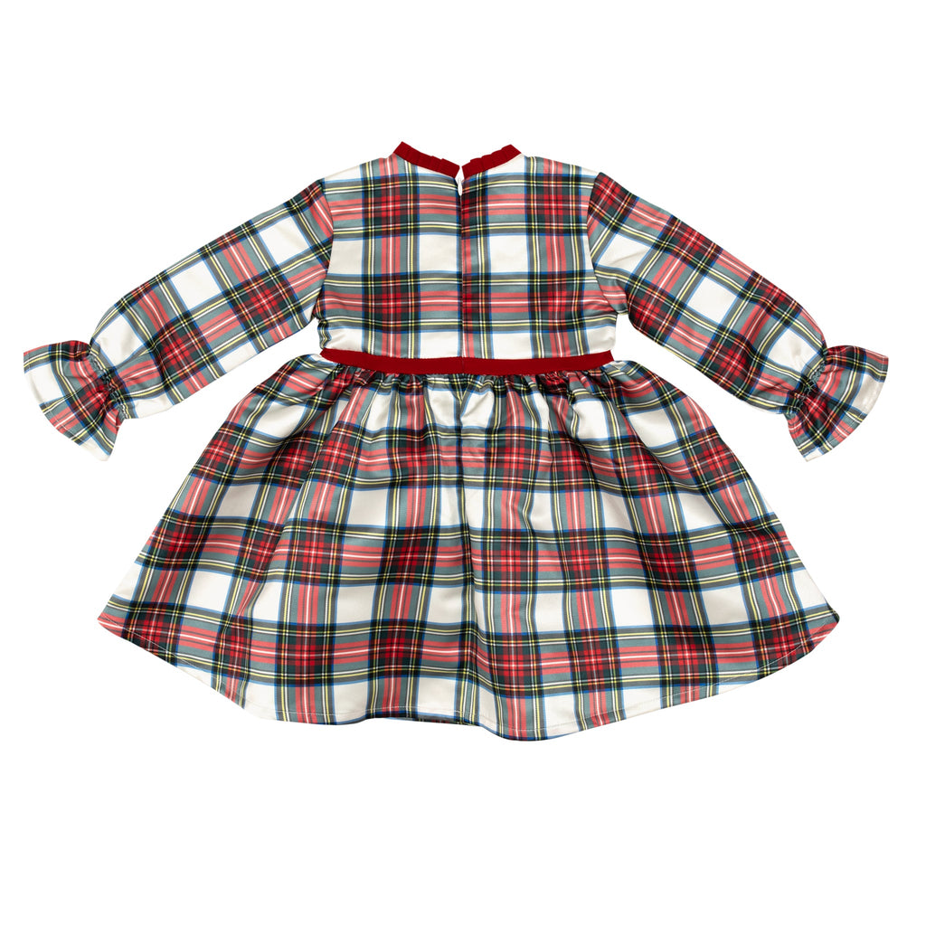 Girl's plaid holiday dress in Townsend Tartan with bow waist detail, vintage-inspired fit, perfect for family photos and festive gatherings – Henry Duvall classic