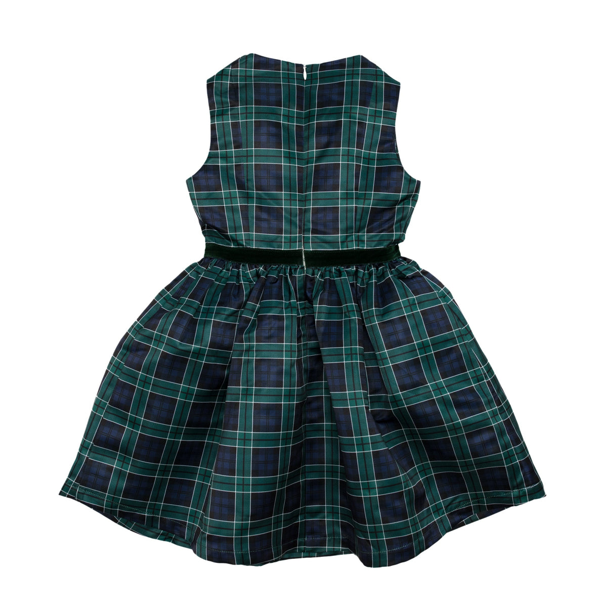 Teen girl holiday dress in Newbury Tartan with green velvet trim, classic A-line silhouette, perfect for family photos and festive gatherings