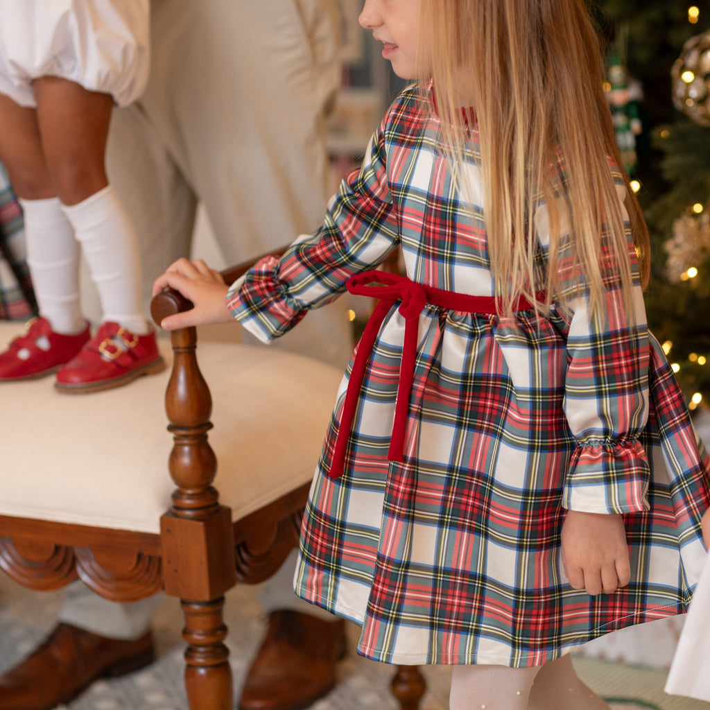 Girl's plaid holiday dress in Townsend Tartan with bow waist detail, vintage-inspired fit, perfect for family photos and festive gatherings – Henry Duvall classic