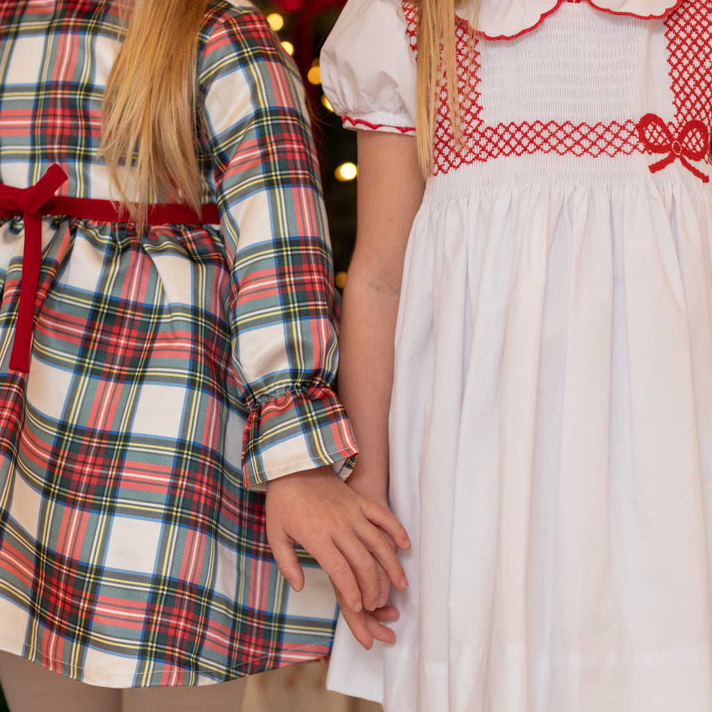 Girl's plaid holiday dress in Townsend Tartan with bow waist detail, vintage-inspired fit, perfect for family photos and festive gatherings – Henry Duvall classic