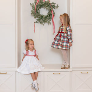 Girl's plaid holiday dress in Townsend Tartan with bow waist detail, vintage-inspired fit, perfect for family photos and festive gatherings – Henry Duvall classic