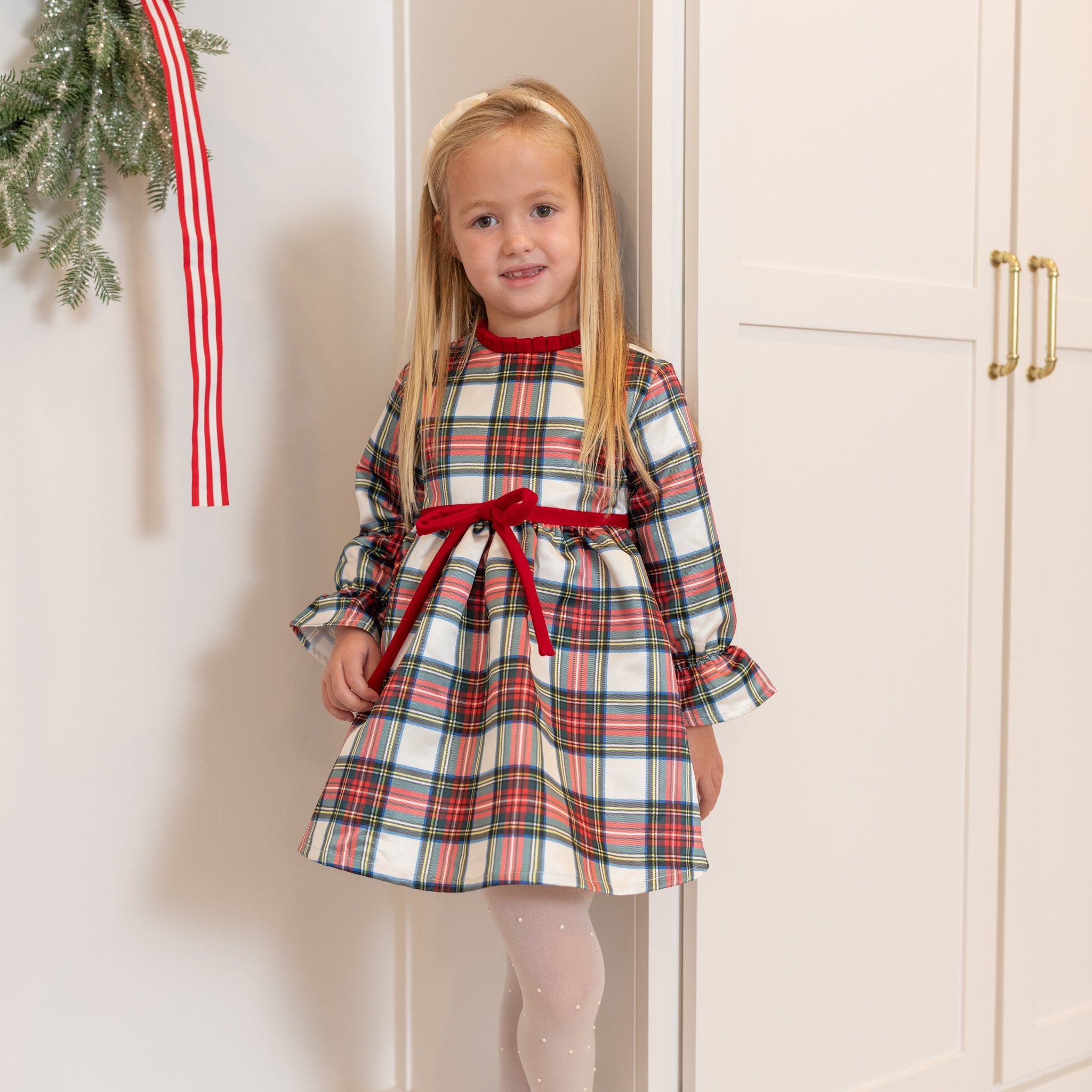 Girl's plaid holiday dress in Townsend Tartan with bow waist detail, vintage-inspired fit, perfect for family photos and festive gatherings – Henry Duvall classic
