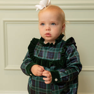Classic baby girl tartan holiday bubble, Nora Bubble in Newbury Tartan with green velvet trim, perfect for fall family photos and festive occasions by Henry Duvall.
