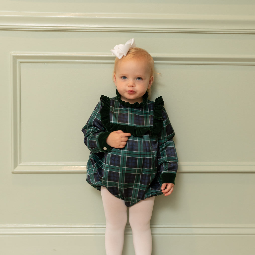Classic baby girl tartan holiday bubble, Nora Bubble in Newbury Tartan with green velvet trim, perfect for fall family photos and festive occasions by Henry Duvall.