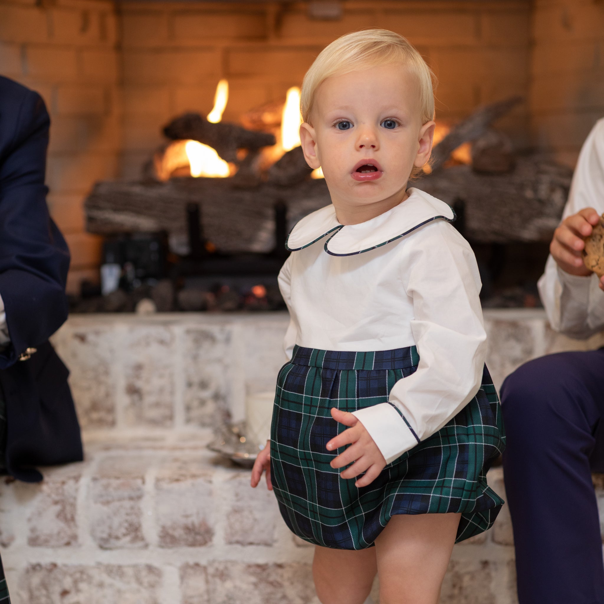 Baby boy holiday bubble in white cotton poplin and Newbury Tartan, long sleeves with snaps for easy changes, coordinates with sibling outfits for festive family photos