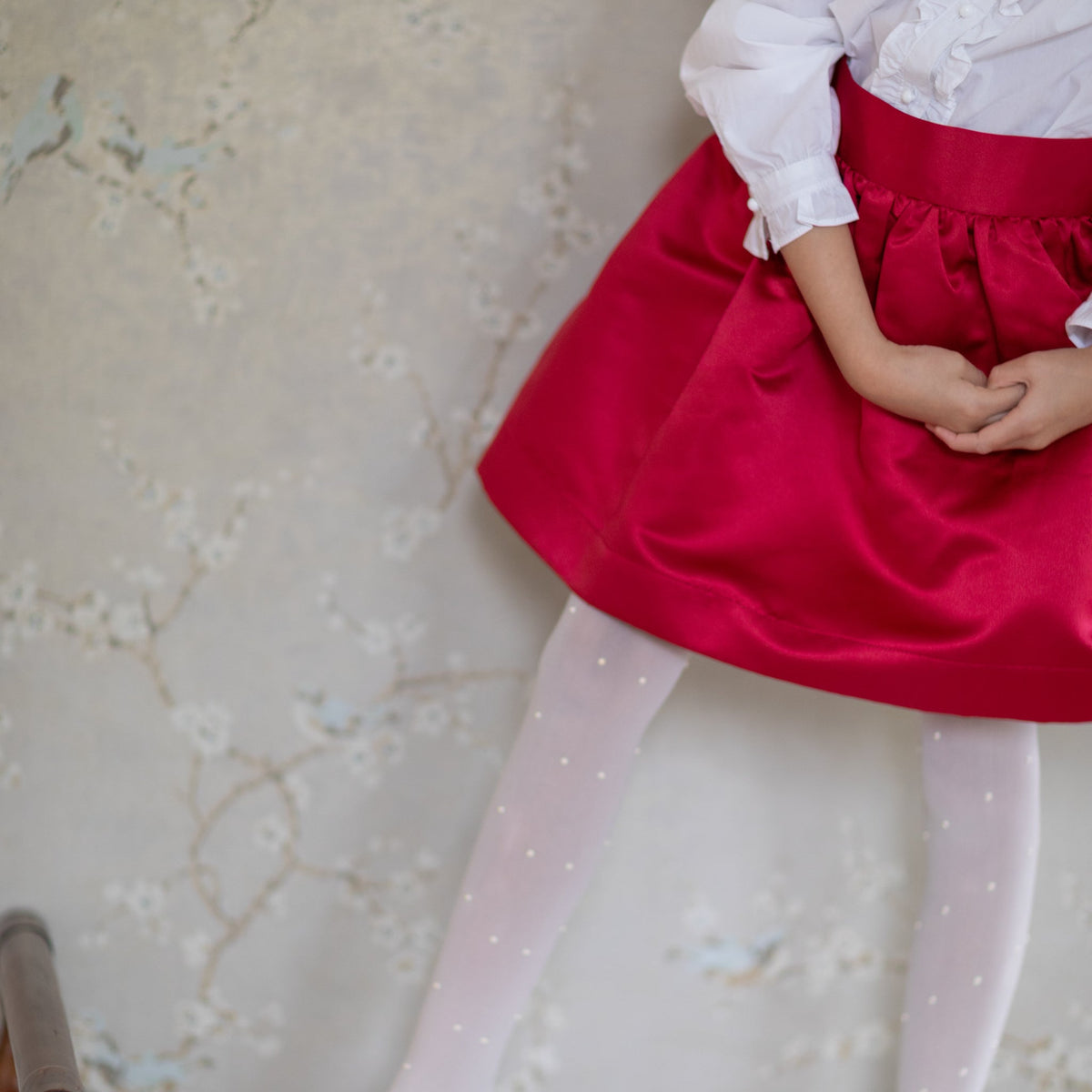 Red holiday skirt for teen girls with subtle pleats and elegant shine, Henry Duvall Sutton Skirt with elastic waistband and classic A-line silhouette