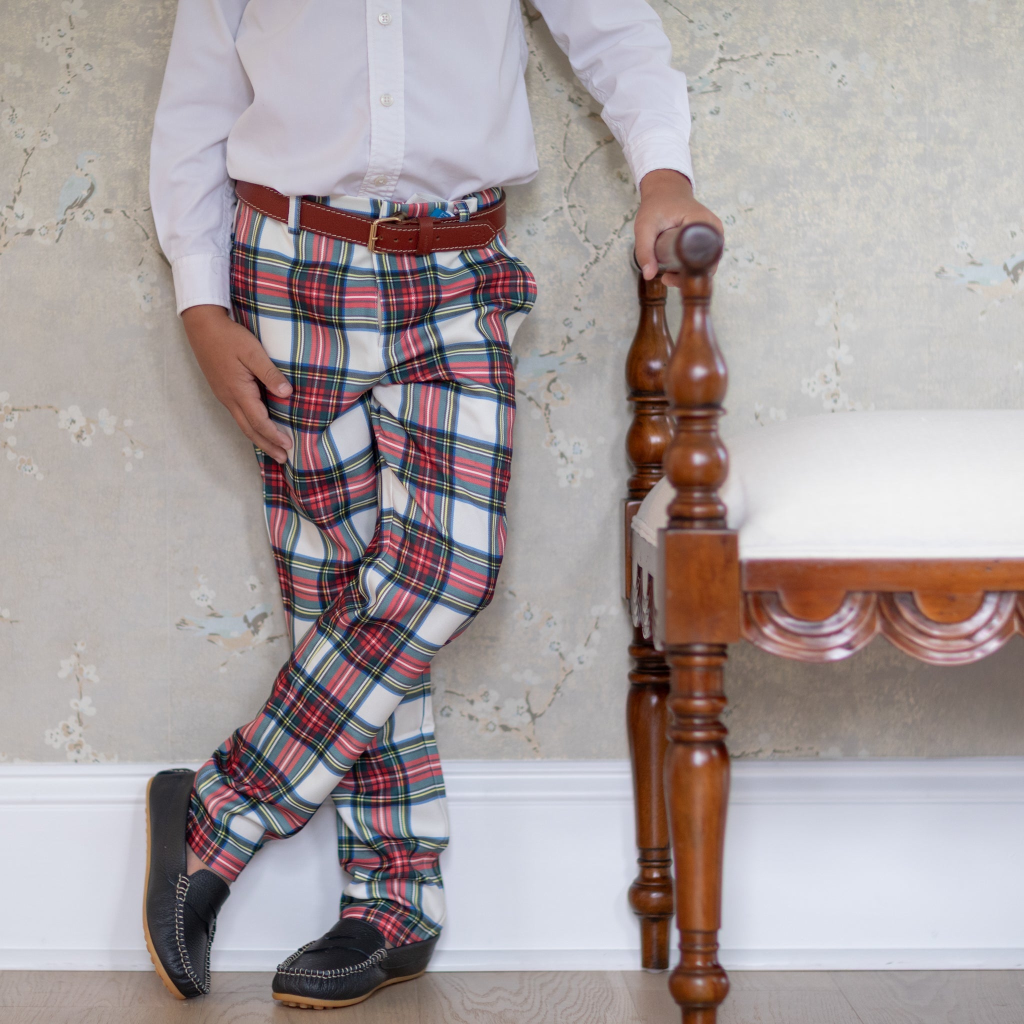 Classic boys’ holiday trousers in traditional Townsend Tartan with red and green plaid – perfect for family photos and festive occasions