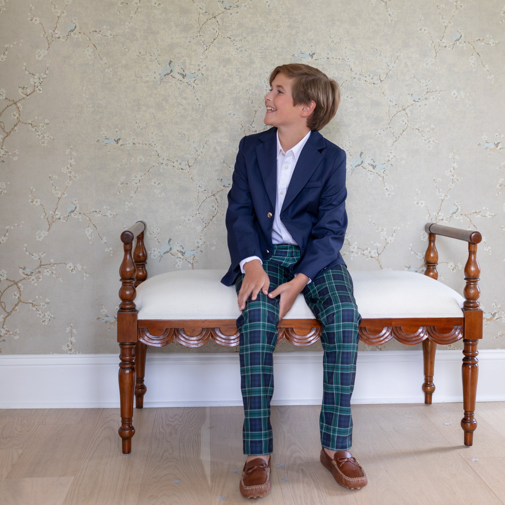 Boys holiday trousers in classic green and navy tartan, tailored Christmas pants for older boys with coordinating sibling outfits from Henry Duvall
