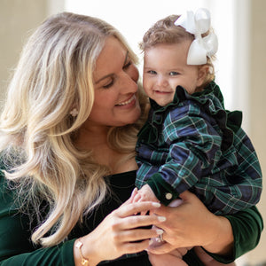 Classic baby girl tartan holiday bubble, Nora Bubble in Newbury Tartan with green velvet trim, perfect for fall family photos and festive occasions by Henry Duvall.