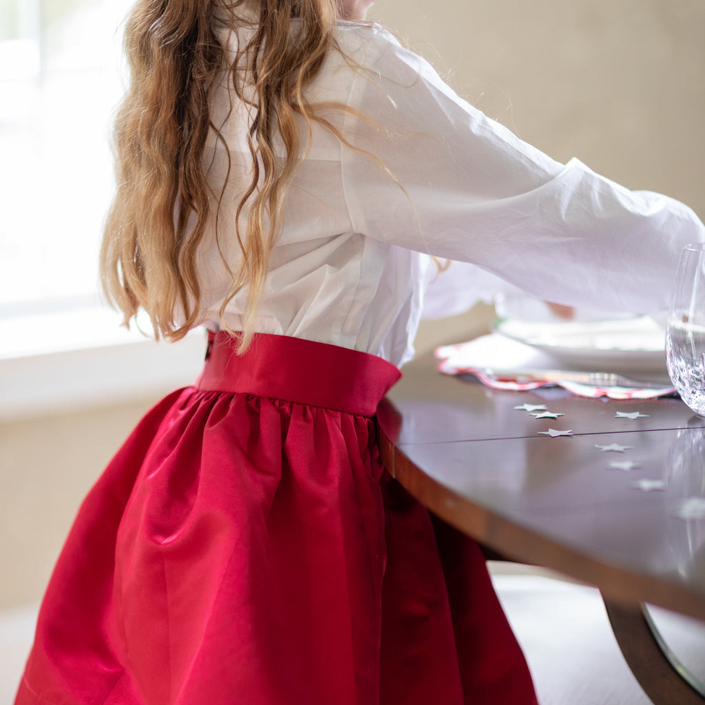 Red holiday skirt for teen girls with subtle pleats and elegant shine, Henry Duvall Sutton Skirt with elastic waistband and classic A-line silhouette
