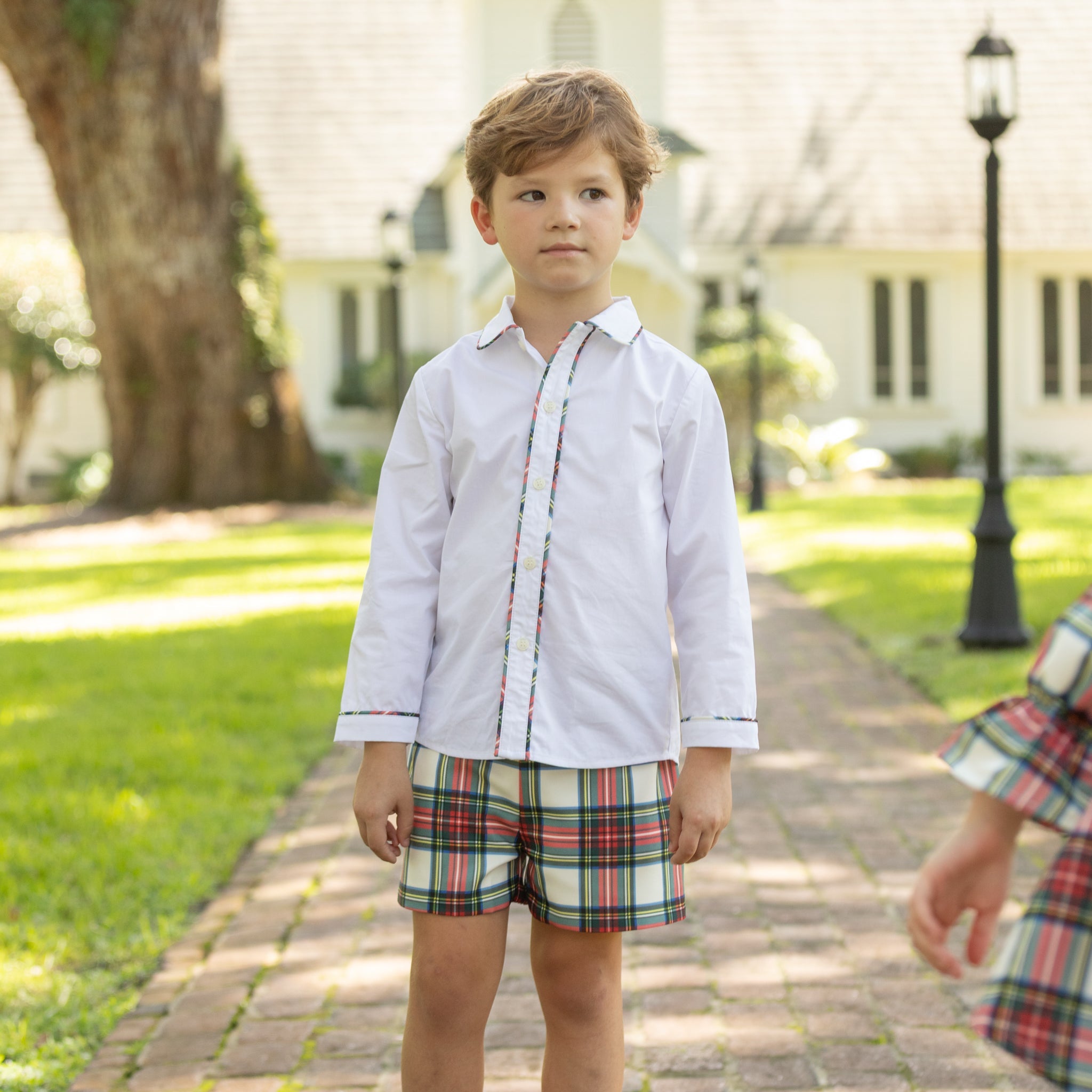 Henry Duvall Sullivan Short Set in red and green Townsend Tartan with tartan-trimmed white top and matching shorts for toddler boys, classic holiday outfit to coordinate with sibling styles.