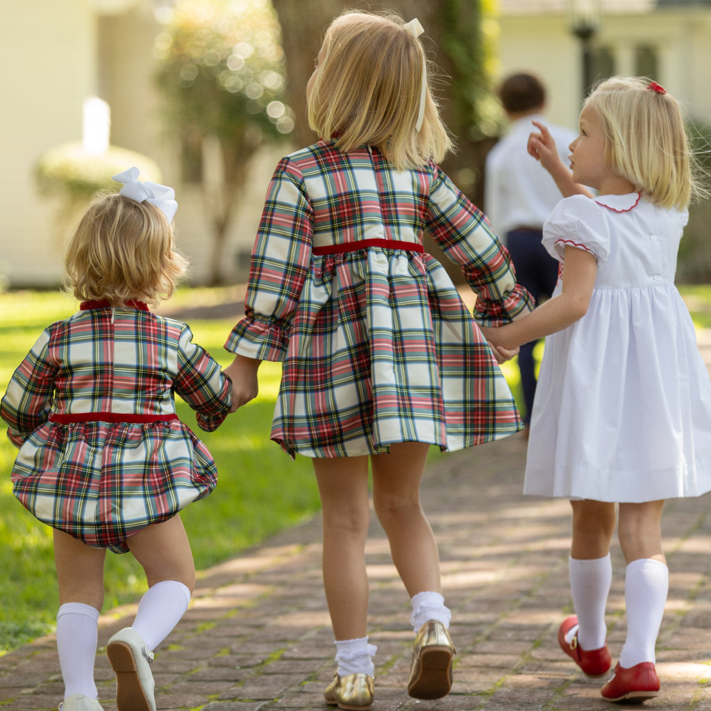 Girl's plaid holiday dress in Townsend Tartan with bow waist detail, vintage-inspired fit, perfect for family photos and festive gatherings – Henry Duvall classic