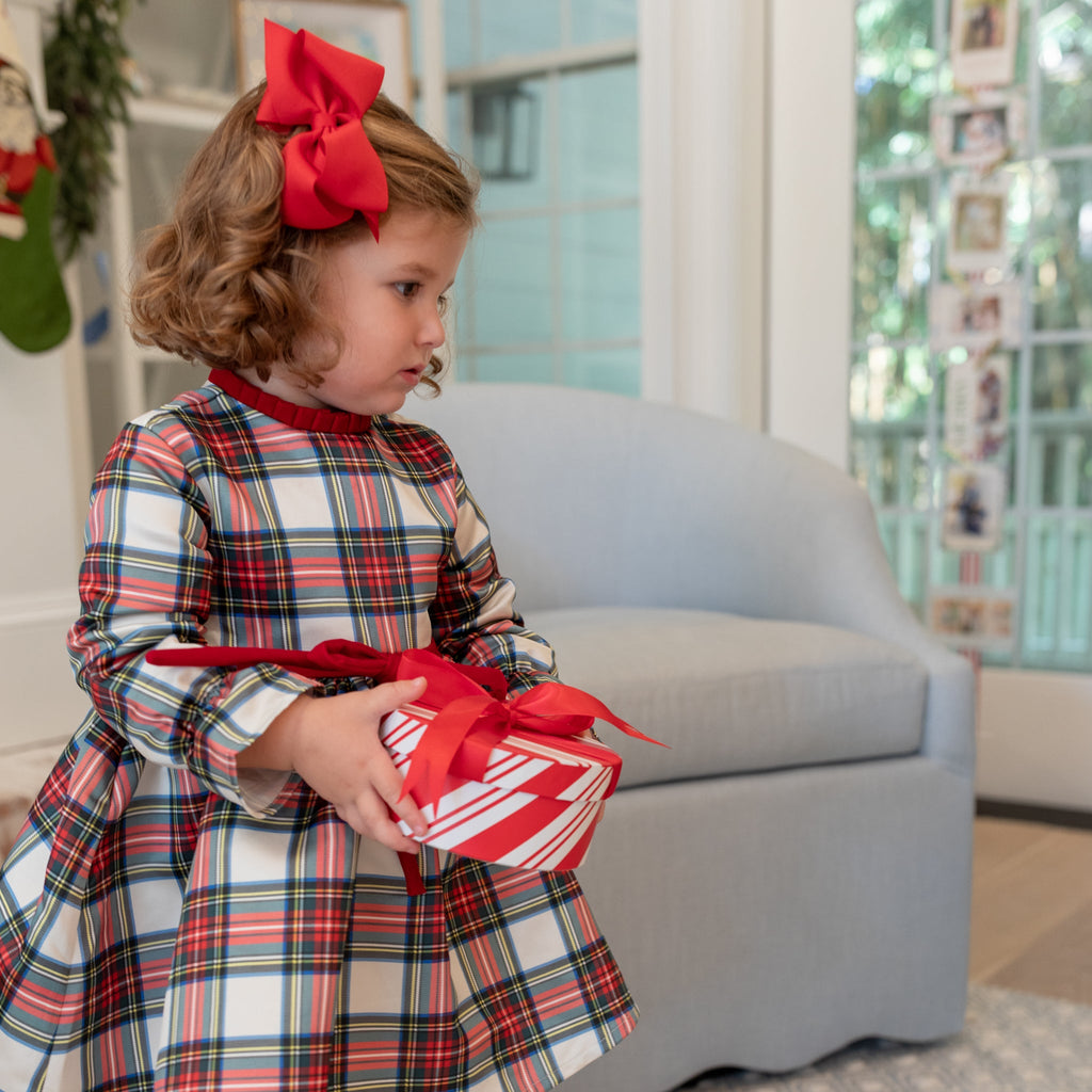 Girl's plaid holiday dress in Townsend Tartan with bow waist detail, vintage-inspired fit, perfect for family photos and festive gatherings – Henry Duvall classic