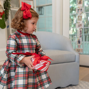 Girl's plaid holiday dress in Townsend Tartan with bow waist detail, vintage-inspired fit, perfect for family photos and festive gatherings – Henry Duvall classic
