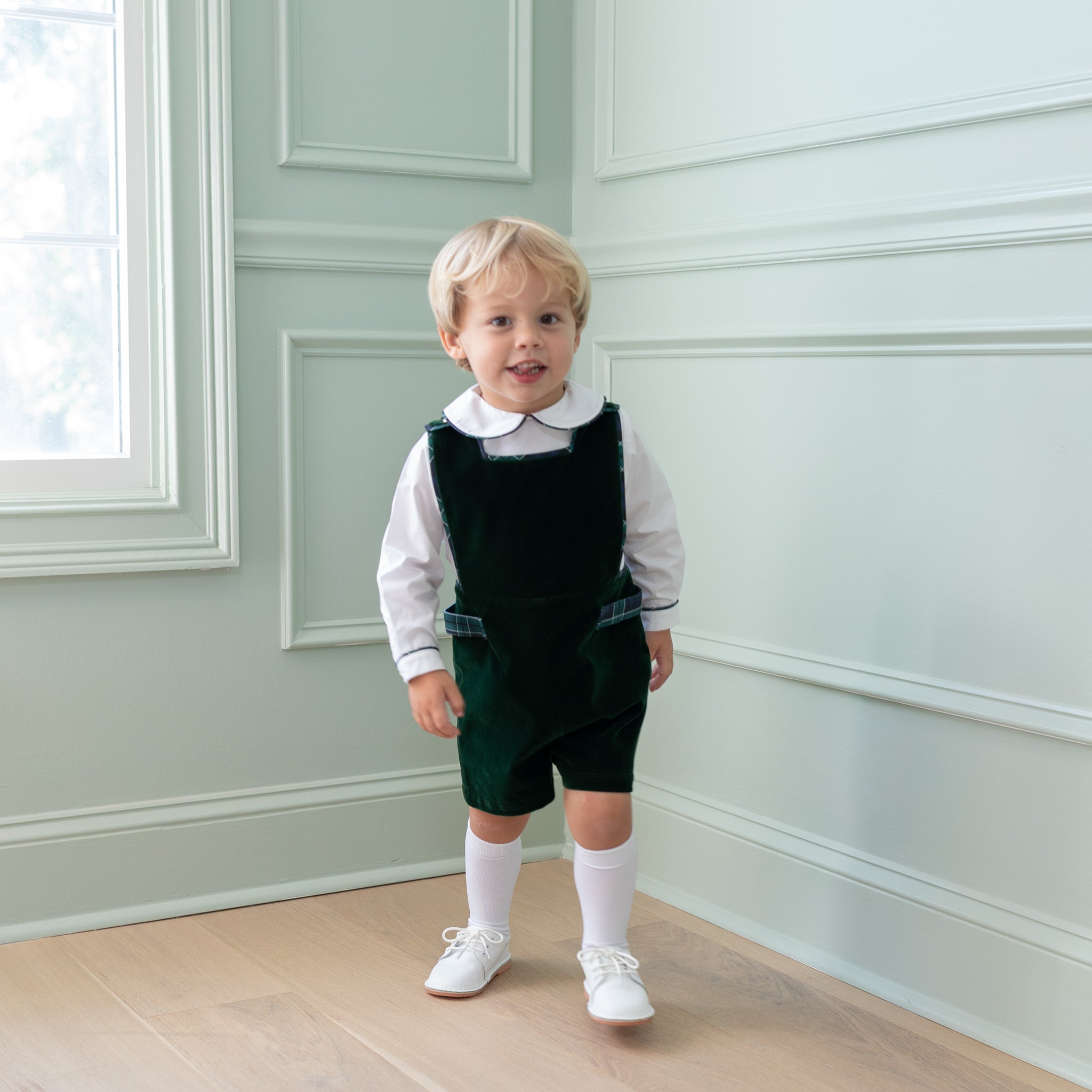 Henry Duvall boys white Peter Pan collar shirt with Newbury Tartan trim, classic holiday layering piece to coordinate with green and navy tartan outfits