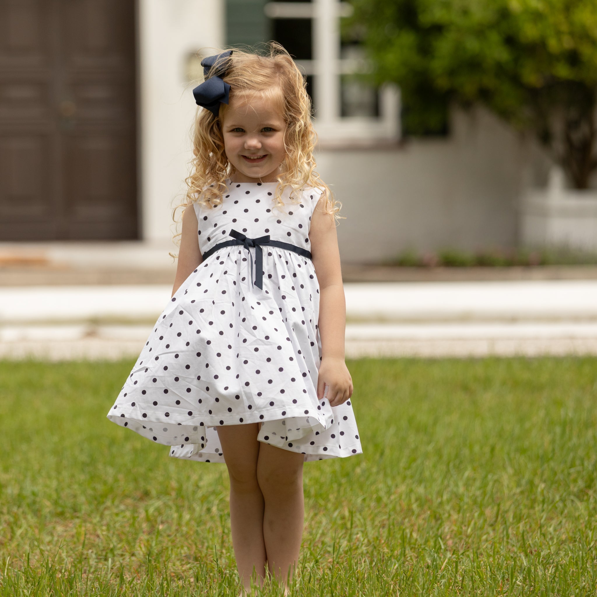Betsy Dress in Narragansett Navy Polka Dots