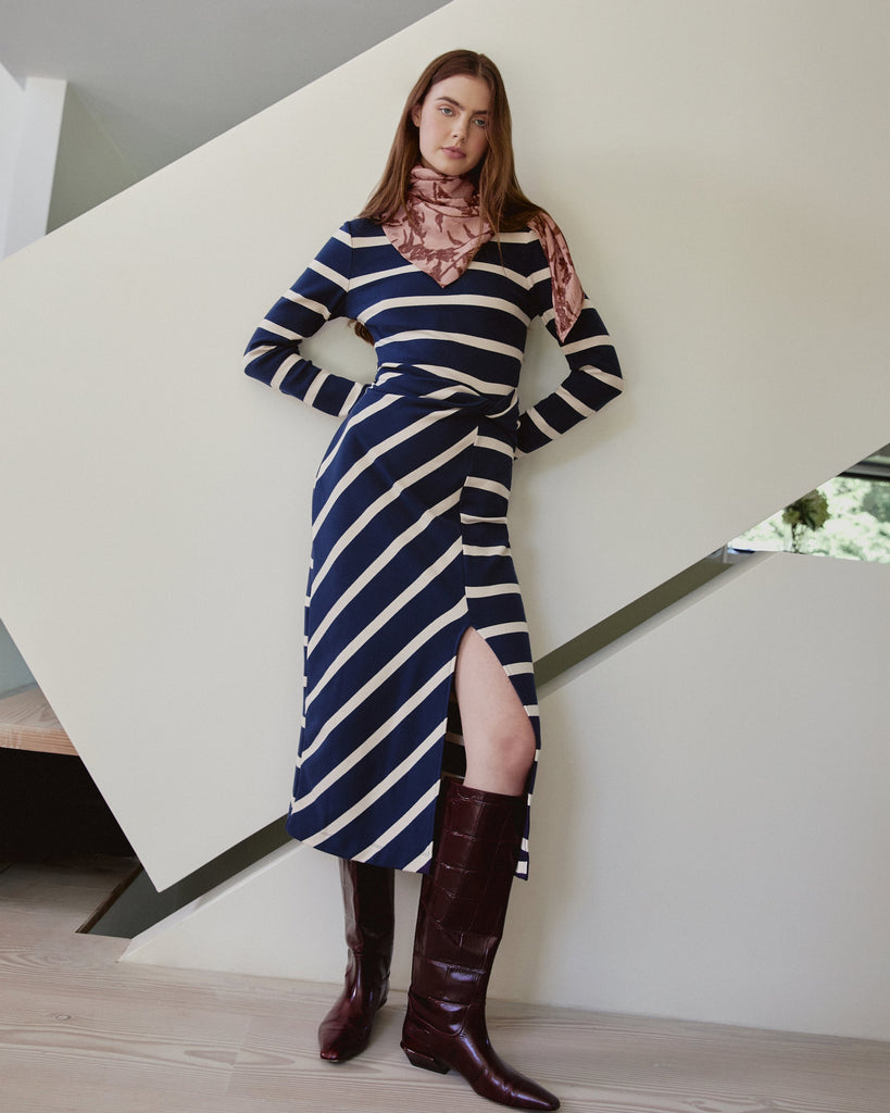 Brindy Dress in Maritime Blue & Cream Wide Stripe