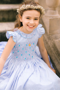 Tulip Blue Gingham Frilled Cap Sleeve Smocked Dress