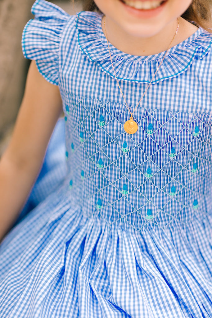 Tulip Blue Gingham Frilled Cap Sleeve Smocked Dress