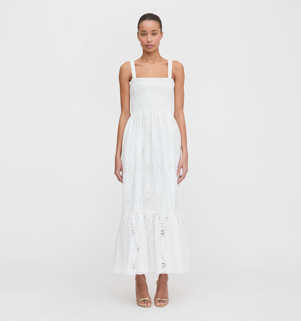 The Anjuli Nap Dress in White Trellis Broderie