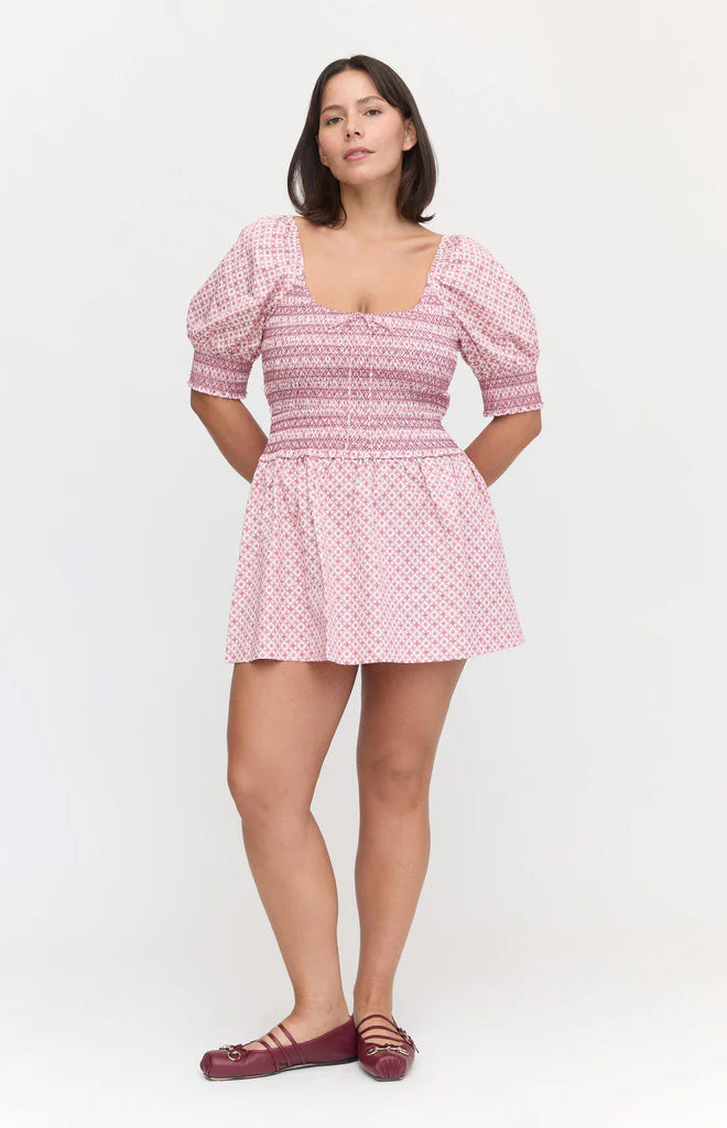 The Delphine Mini Nap Skirt in Rose Circular Lattice