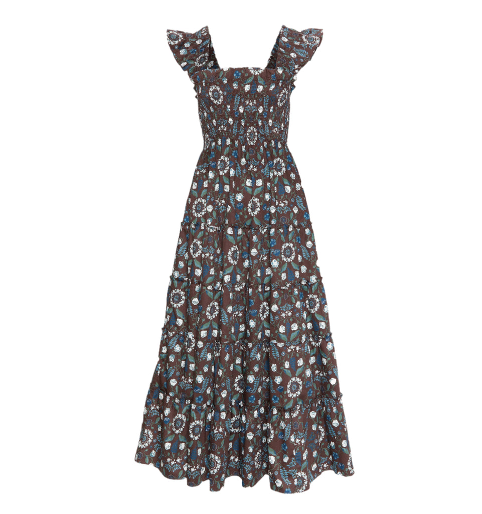 The Ellie Maxi Nap Dress in Chocolate Swedish Floral