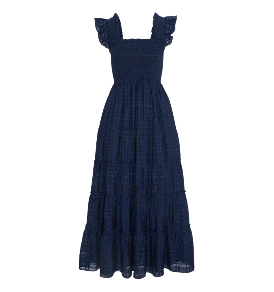 The Ellie Maxi Nap Dress in Navy Sheer Plaid