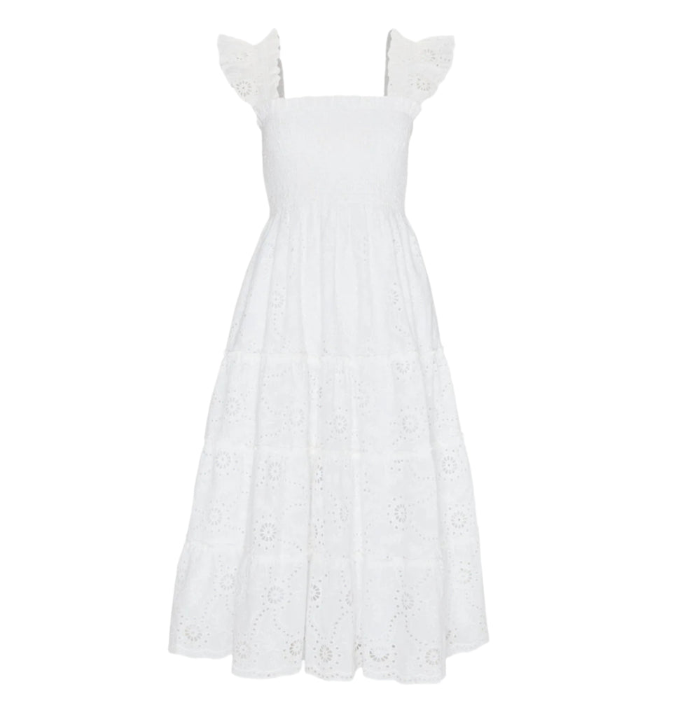 The Ellie Nap Dress in White Trellis Broderie