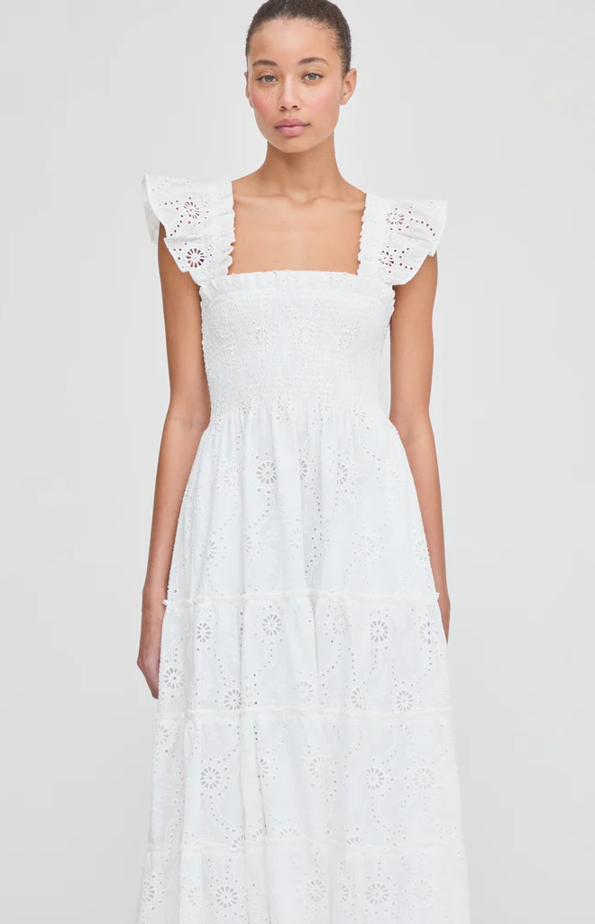 The Ellie Nap Dress in White Trellis Broderie