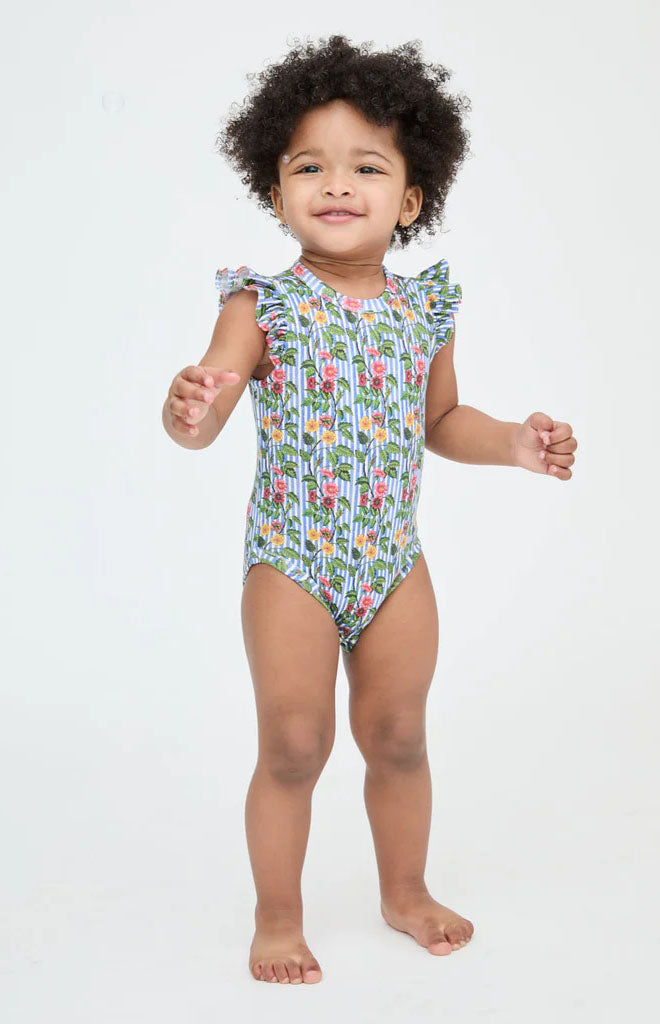 The Jillee Ruffle Onesie in Geranium Stripe