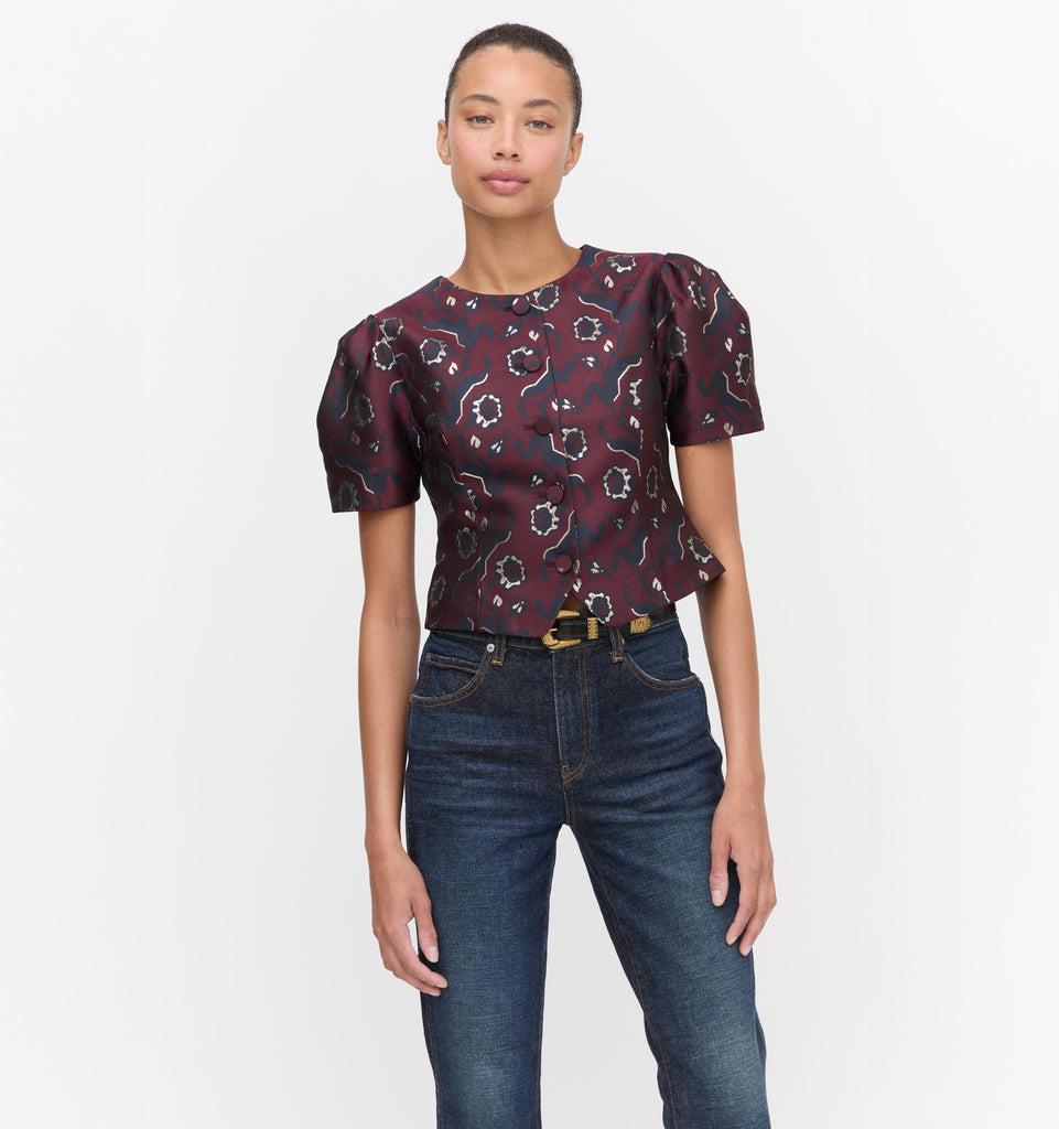 The Mallorie Top in Burgundy Baroque Jacquard