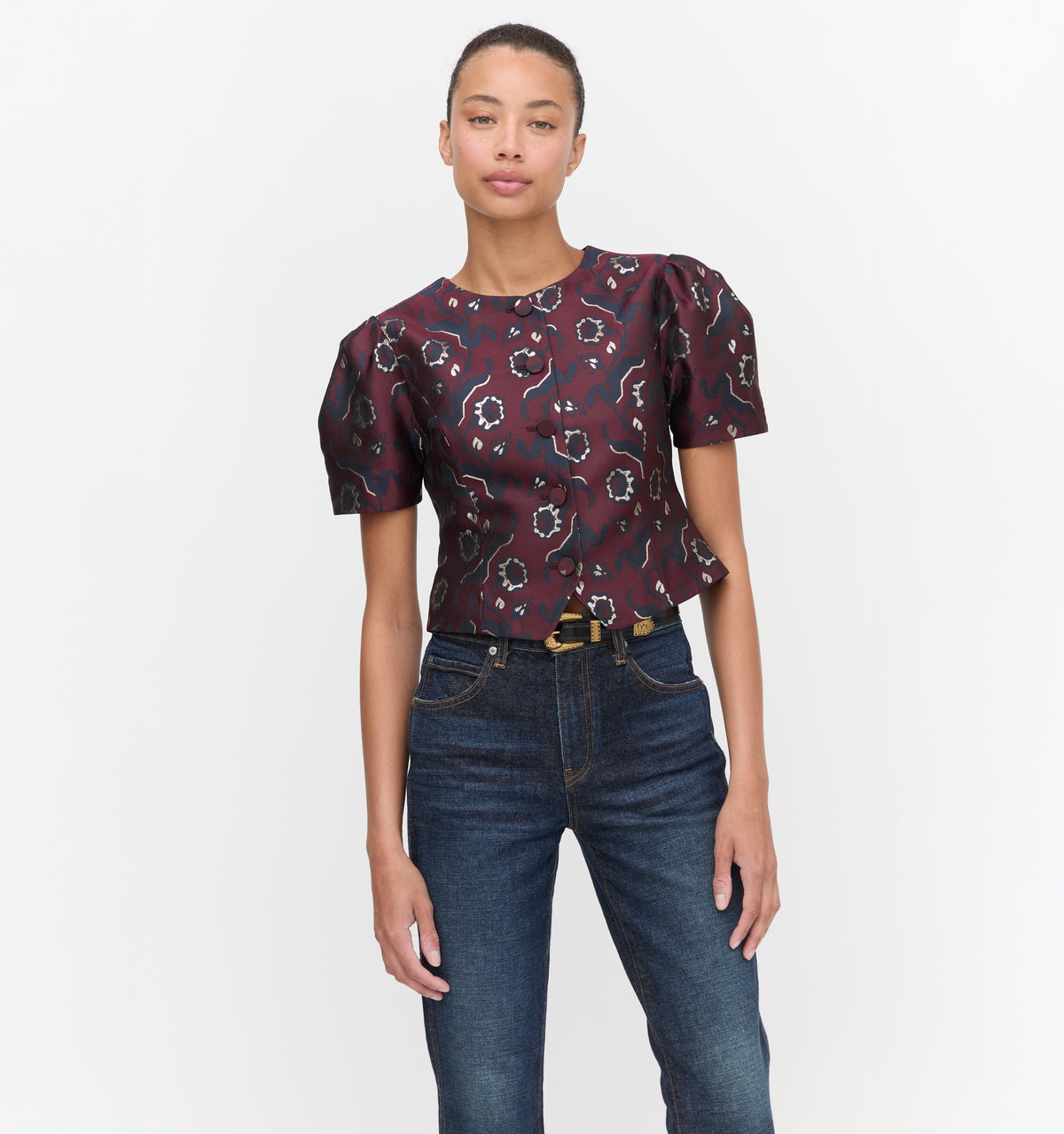 The Mallorie Top in Burgundy Baroque Jacquard