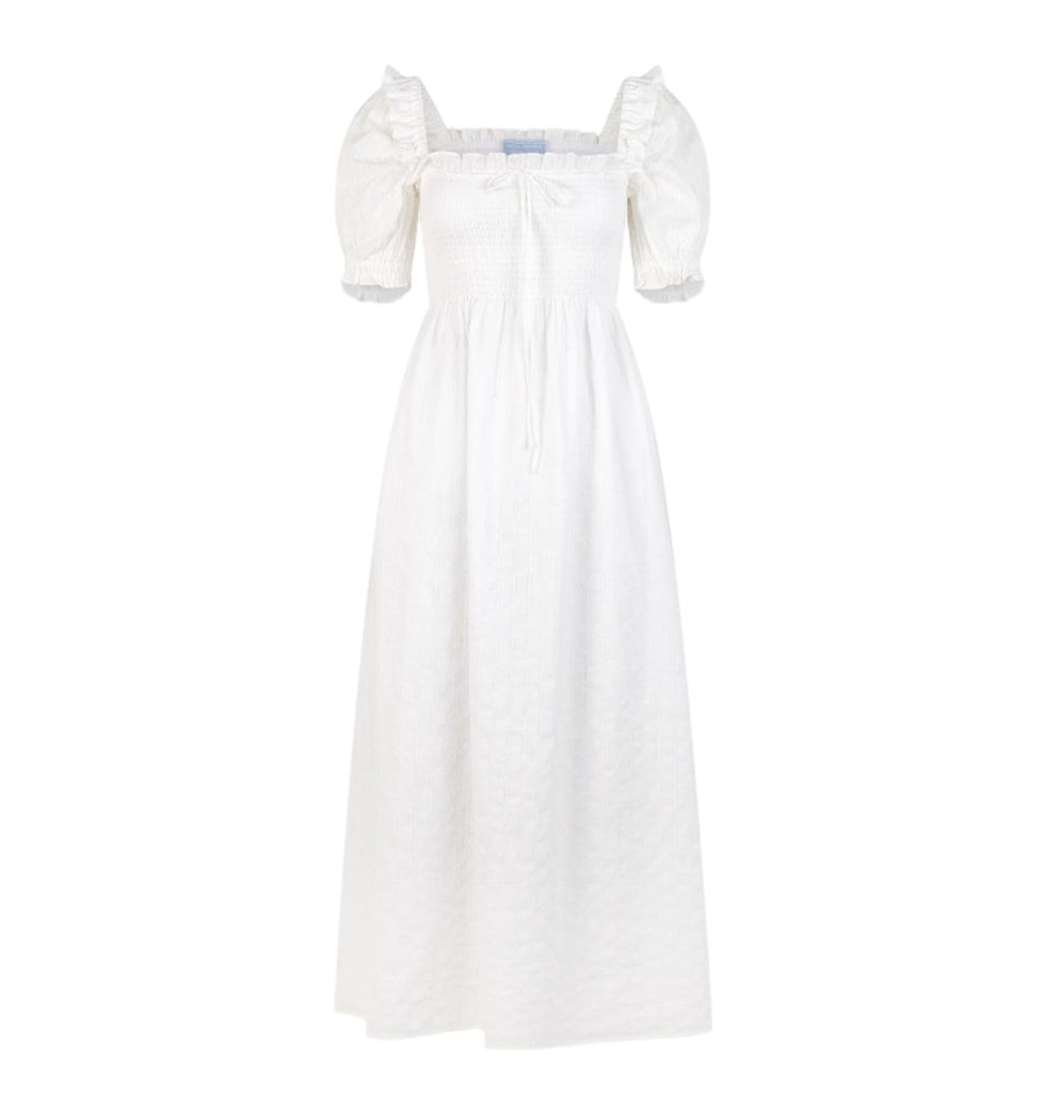 The Scarlett Nap Dress in White Linear Swiss Dot