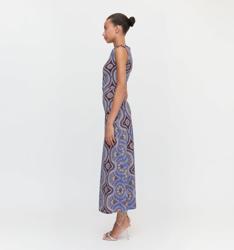 The Sloane Dress in Brown Cobalt Medallion