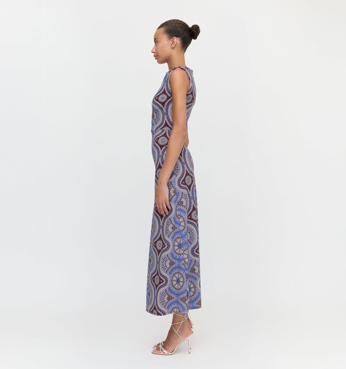 The Sloane Dress in Brown Cobalt Medallion