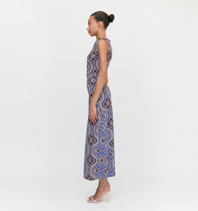 The Sloane Dress in Brown Cobalt Medallion