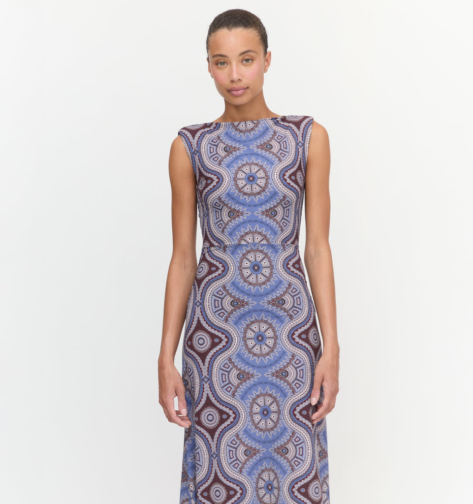 The Sloane Dress in Brown Cobalt Medallion