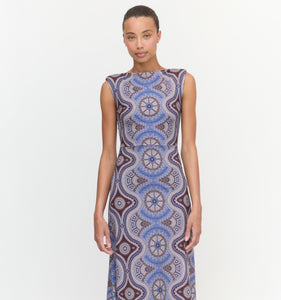 The Sloane Dress in Brown Cobalt Medallion