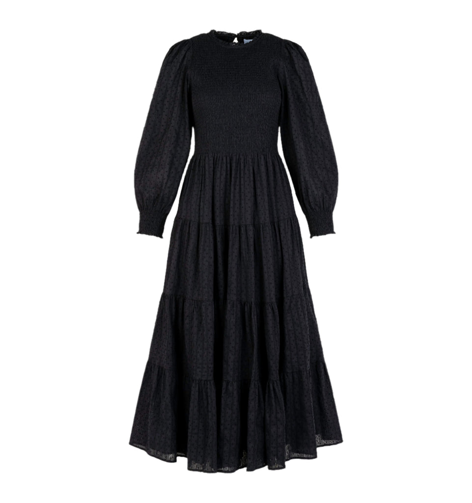 The Viviana Nap Dress in Black Linear Swiss Dot