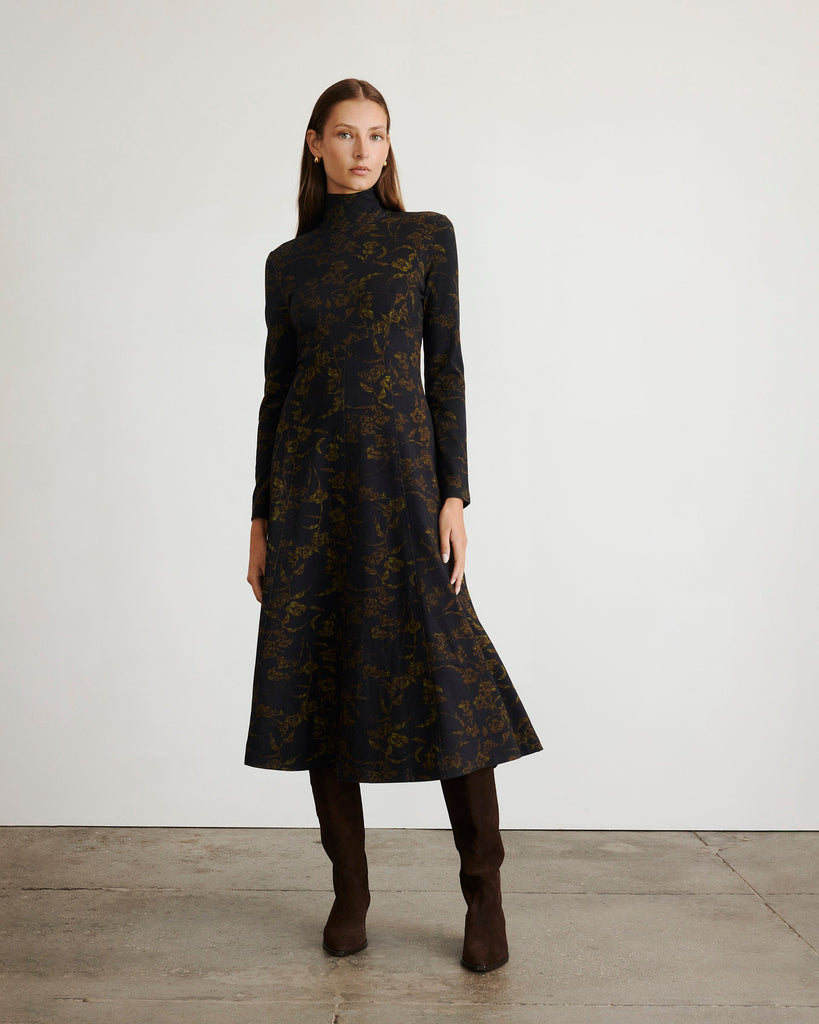 Thea Dress in Black & Forset Green Multi