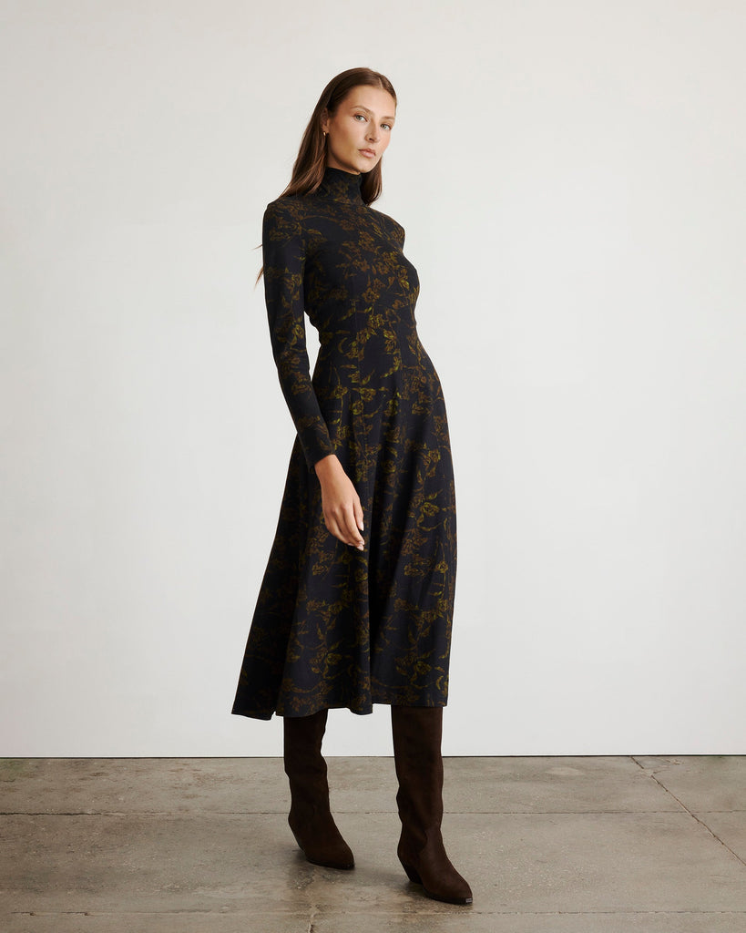 Thea Dress in Black & Forset Green Multi