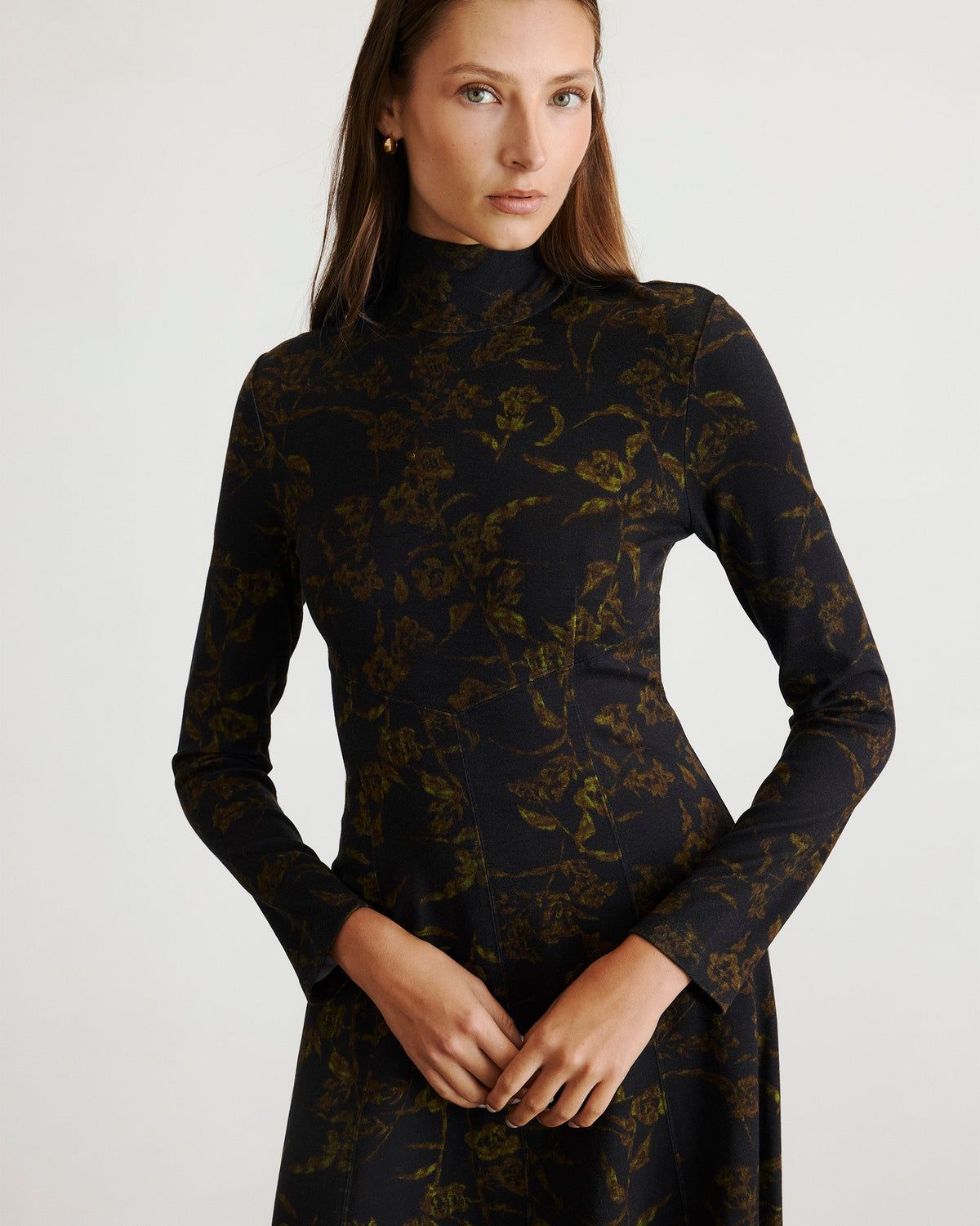 Thea Dress in Black & Forset Green Multi