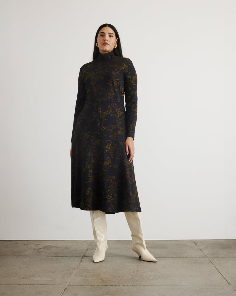 Thea Dress in Black & Forset Green Multi