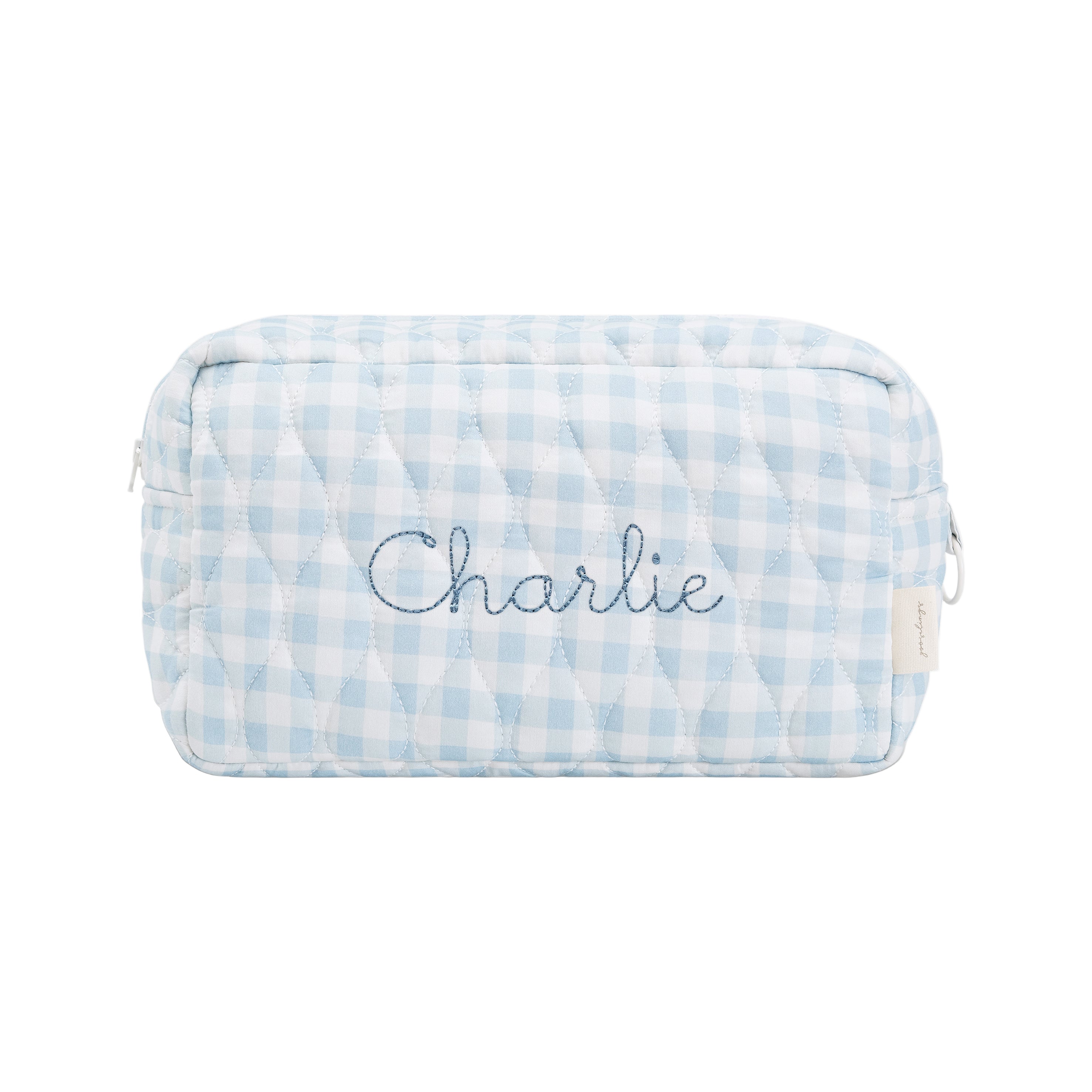 Toiletry Pouch in Blue Gingham. "Charlie" embroidered on the front.