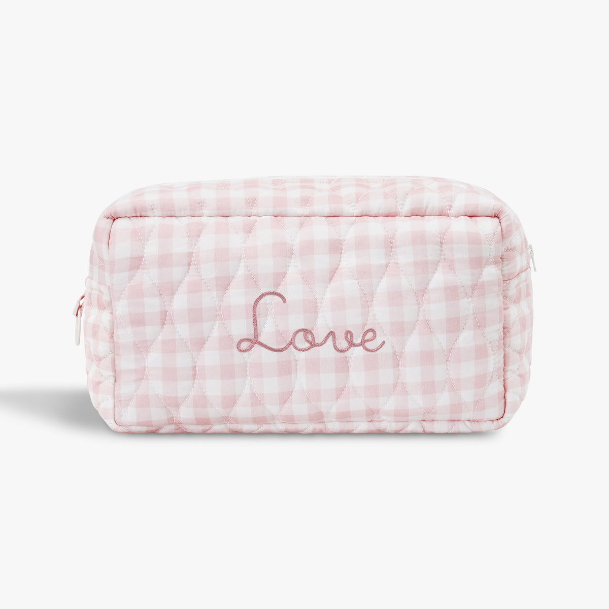 Toiletry Pouch in Pink Gingham. "Love" embroidered on the