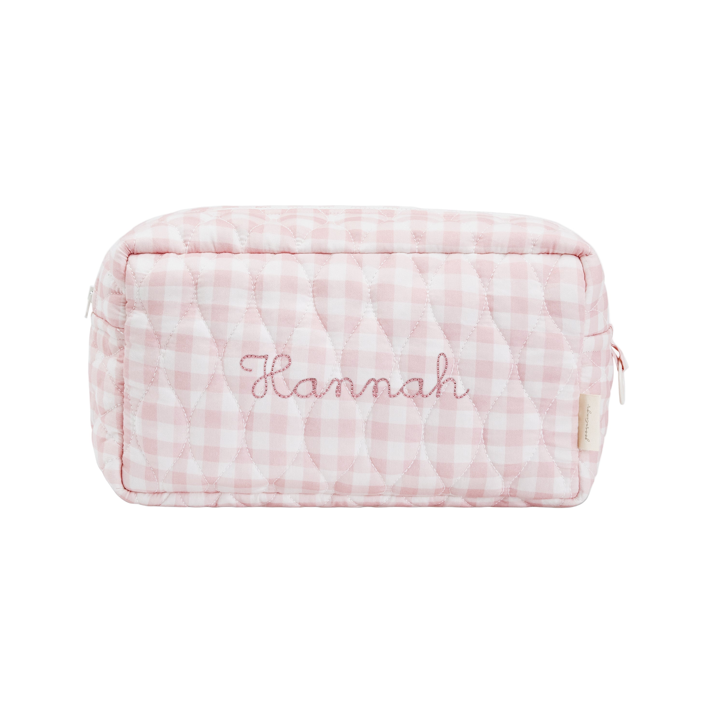 Toiletry Pouch in Pink Gingham. "Hannah" embroidered on the front.